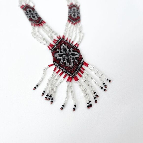 Handmade Womens Ukrainian Style Statement Pendant Beaded Necklace Red Black - Picture 2 of 4